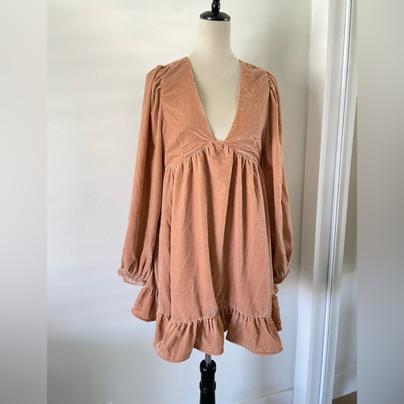 New FREE PEOPLE Estella Velvet Ruffled Mini Dress Babydoll Pink Rose S Coquette - Picture 6 of 12